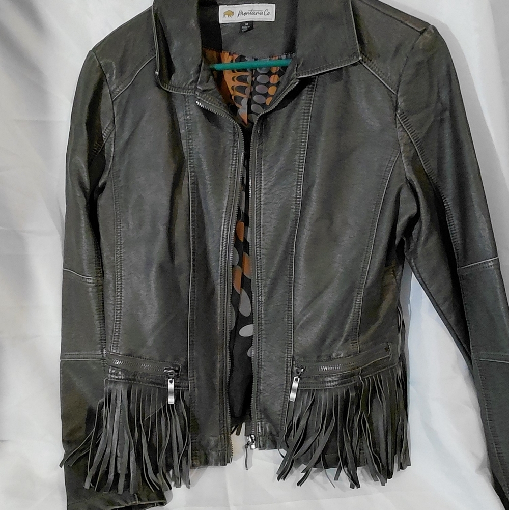 Women’s Grey Leather Fringe Zip Jacket